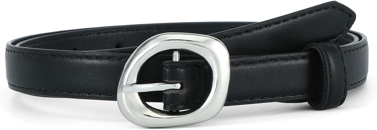 Thin Belt for Women Jeans Faux Leather Ladies Skinny Waist Belts for Dresses Pants with Trendy Gold/Silver Buckle