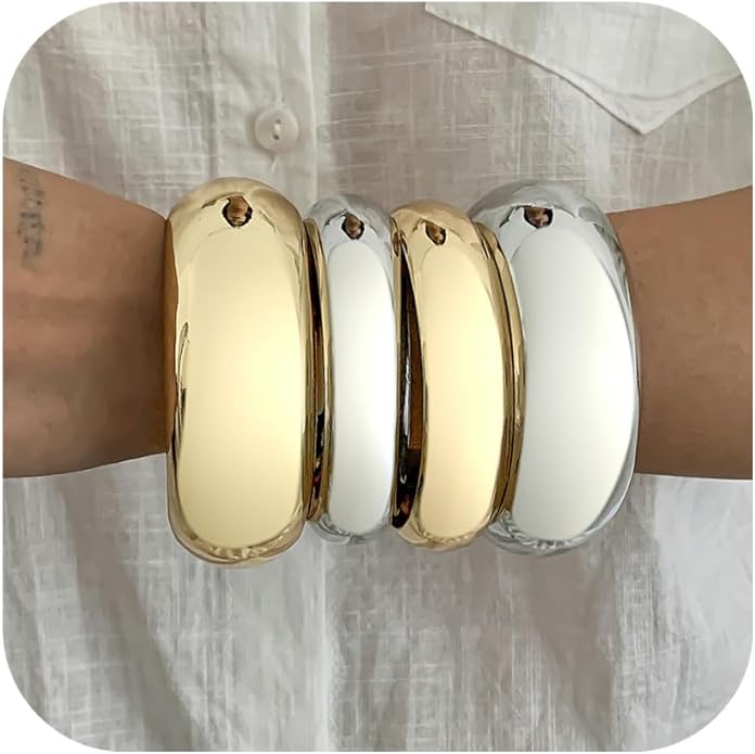 Chunky Gold Bangles Bracelets for Women Trendy Silver Stack Bracelet Minimalist Wide Bangle Jewelry