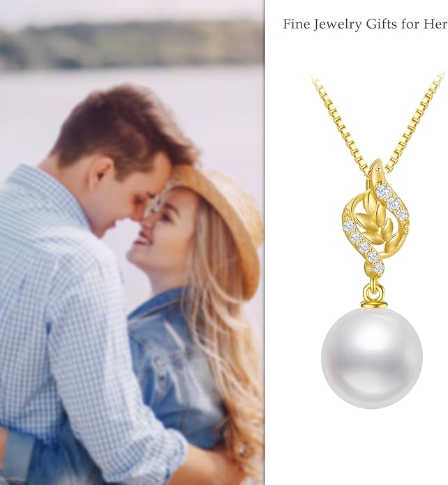14k Gold Diamond Leaves Pearl Pendant and Sterling Silver Box Chain Necklace for Women, Jewelry Gifts for Her, 18-20 Inches