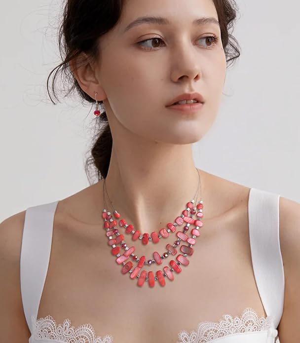 3 Layered Chunky Statement Necklace for Women Beaded Strand Necklaces with Earring Fashion Costumes Collar Necklace Jewelry Sets Gifts for Women