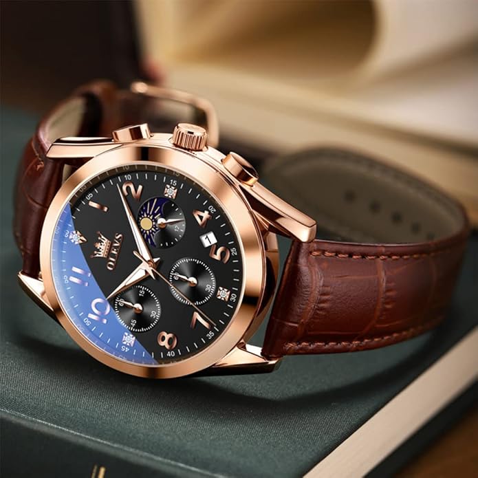 OLEVS Men's Watches Brown Leather with Date,Casual Watches for Men,Large Face Watches Men,Chronograph Mens Watch,Sport Waterproof Business Dress Analog Quartz Men's Wrist Watches Reloj De Hombre