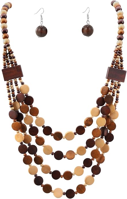MILAKOO Wood Beads Necklace & Earrings for Women Chunky Multi-Layering Choker Necklace Ear Pendant