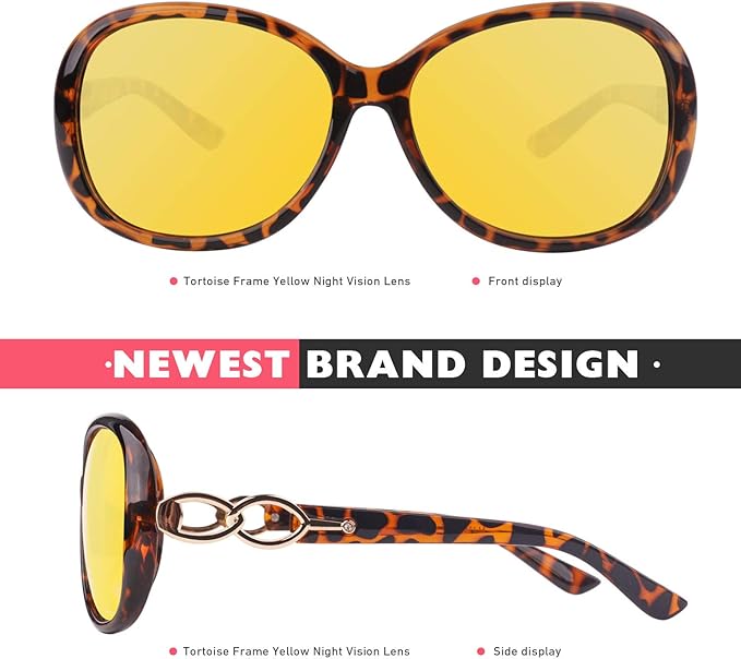 CGID Night Driving Glasses Women,Anti Glare Polarized Nighttime Vision Yellow Trendy Oversized Lens UV400,Tortoise