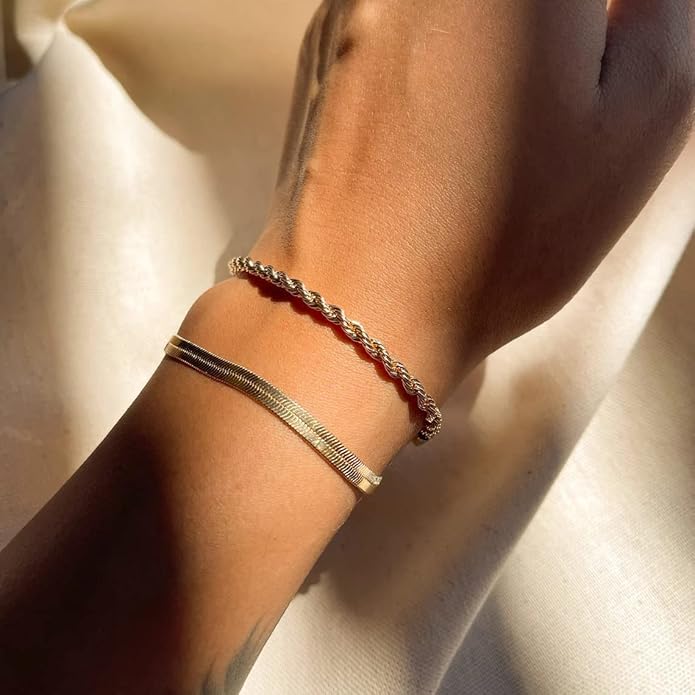 MIDEEO Bracelets for Women Dainty Layered Herringbone Twisted Rope Chain Bracelets Set Layering Dot CZ Leave Beaded Bracelets Dainty Cubic Zirconia Tennis Chain Bracelet Jewelry Gifts