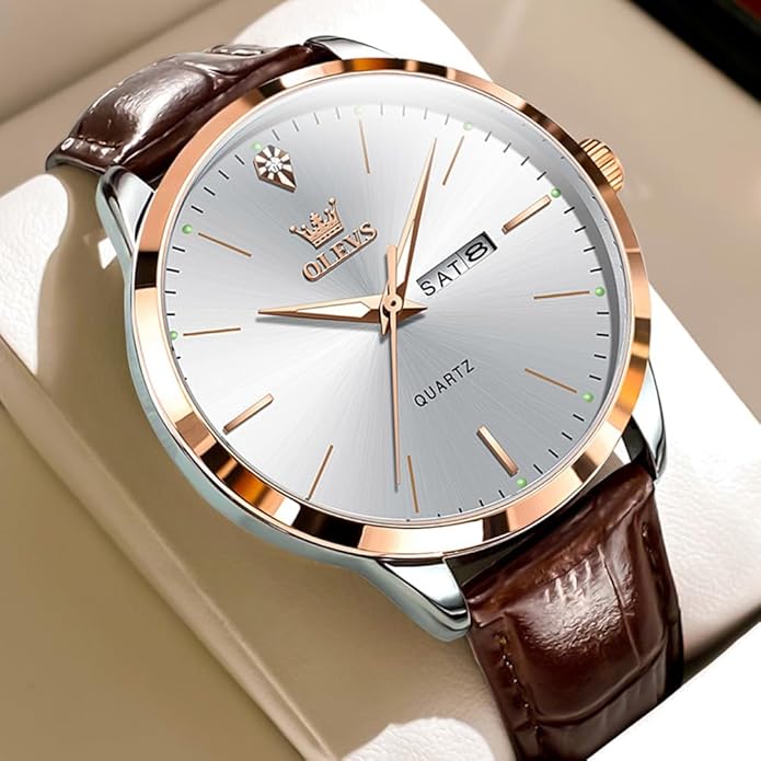 OLEVS Mens Watches, Dress Waterproof Classic Analog Casual Luxury Wrist Watch for Men with Date, Easy to Read Relojes para Hombres Male Quartz Wristwatch with Brown Black Leather Band Blue Black Dial