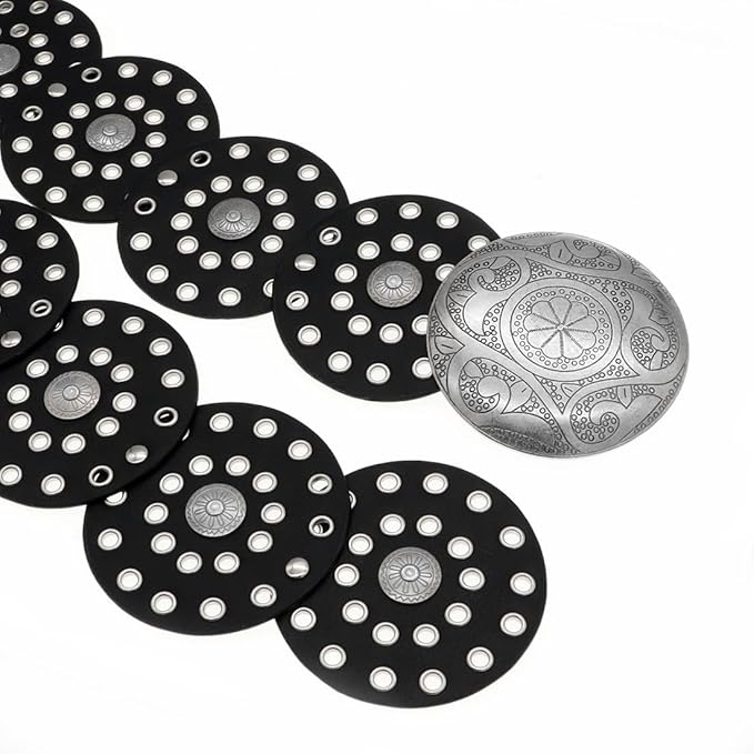 Hollow Wide Disc Belt for Women Concho Leather Metal Buckle Boho Belt Cowgirl Vintage Western Chunky Waist Belts