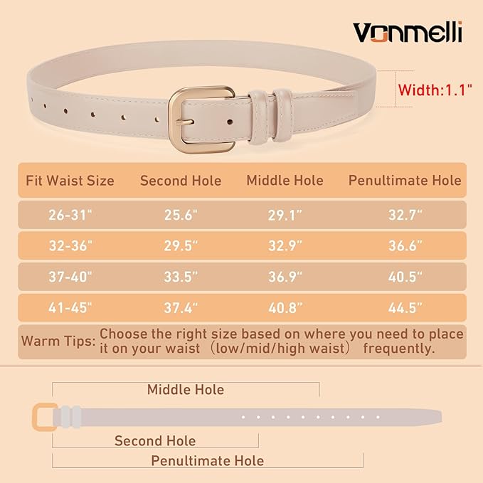 VONMELLI Leather Belts for Women Fashion Wasit Ladies Belt for Jeans Pants Dresses with Pin Buckle