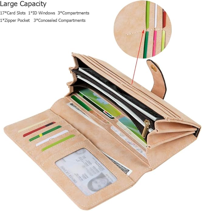 Women's Vegan Leather 17 Card Slots Card Holder Long Big Bifold Wallet