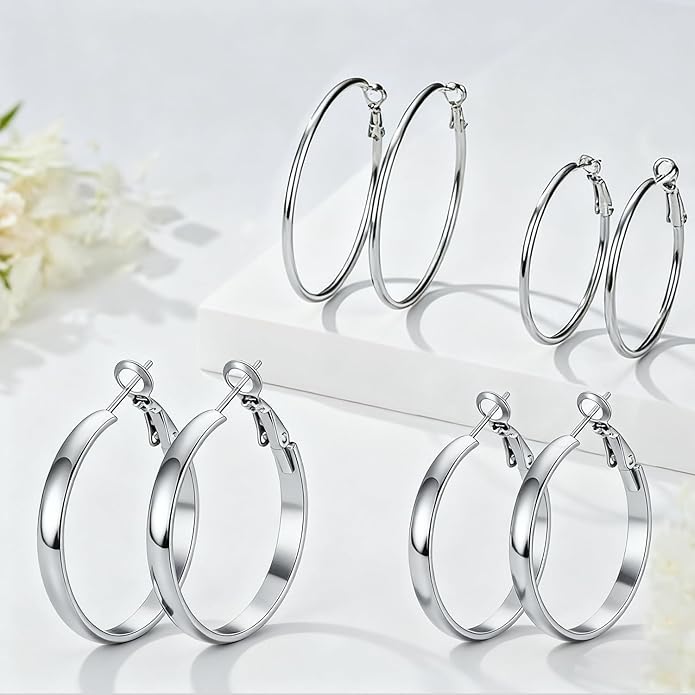 4 Pairs Silver Gold Hoop Earrings for Women | 14K Gold Plated Hoop Earrings Set Hypoallergenic Earring Lightweight Dangle Earrings Set