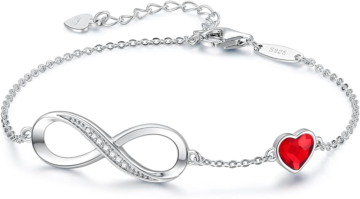 CDE Infinity Heart Birthstone Charm Link Bracelet for Women 925 Sterling Silver Adjustable Mother's Day Christmas Day Gift Anniversary Birthday Jewelry for Wife Girlfriend Her