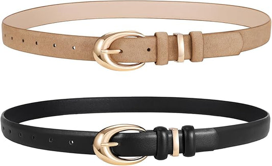 2 Pack Women Leather Belts for Jeans Dress Fashion Ladies Belt with Gold Silver Buckle