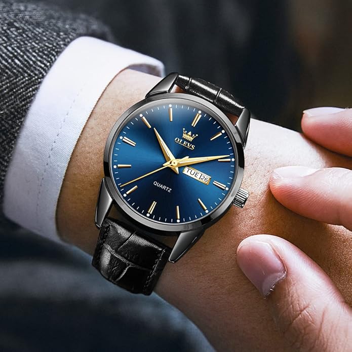 OLEVS Men's Simple Watch with Day and Date, Stainless Steel Analog Quartz Watches for Men, Classic Luminous Hands Men's Dress Watches, Black/White/Blue Dial