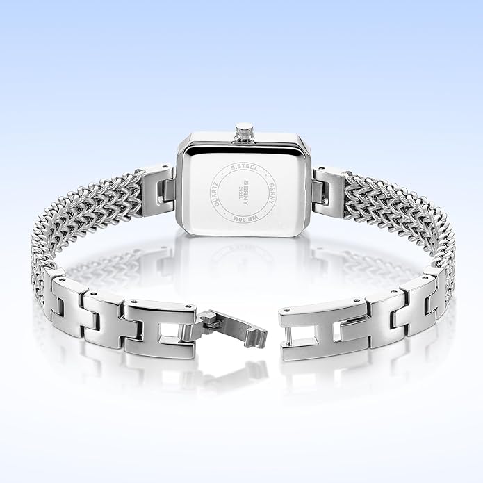 BERNY Silver Watches for Women Ladies Wrist Watch and Bracelet Set Dainty Quartz Bracelet Watch Premium Crystal Accented Fashion Luxury Birthday Present for Women