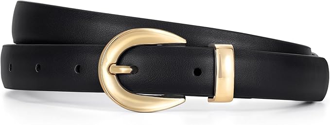XZQTIVE Women Skinny Leather Belts for Jeans Dress Pants Fashion Ladies Thin Black Waist Belt with Gold Buckle