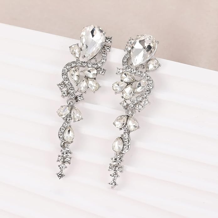 Fashion Rhinestone Statement Drop Dangle Earrings Long Colorful Crystal Bridal Wedding Teardrop Chandelier Earrings for Women Prom Pageant