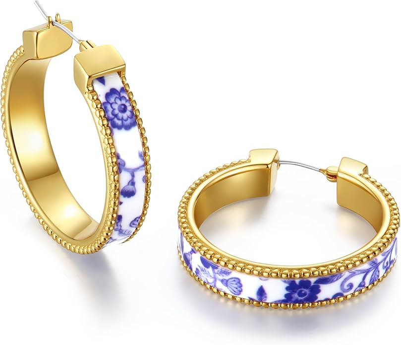 Chunky Blue and White Porcelain Hoop Earrings for Women – Hand-Painted Statement Earrings with 18K Gold, Artistic Vintage Jewelry, Luxury Gift (Cerulean)