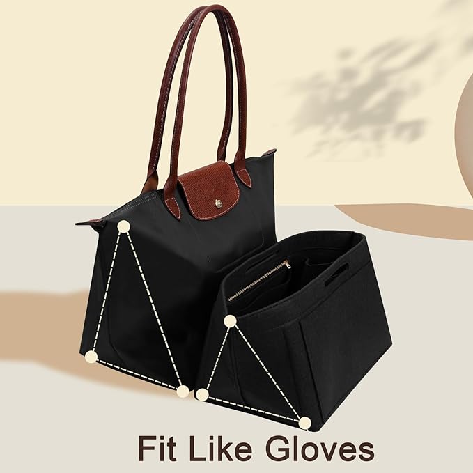 ZTUJO Purse Organizer Insert For Longchamp Le Pliage, Premium Felt Longchamp Purse Organizer Insert Small Medium Large, Tote Organizer Insert (Black, Large For Top Handle M And Shoulder Bag L)