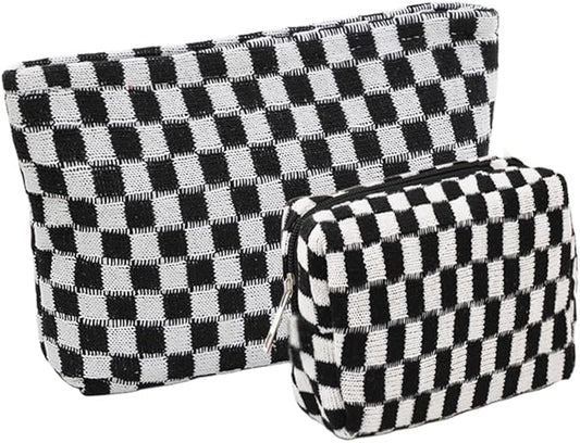 2 Pieces Makeup Bag Set, Small Black Checkered Cosmetic Bag Travel Toiletry Organizer Mini Cosmetic Pouch Case Makeup Brushes Cute Quilted Aesthetic Accessories Storage Bag for Women