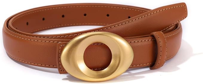 Women's Elegant Casual Genuine Leather Belt with Matte Oval Vintage Gold Buckle for Jeans Pants Dresses