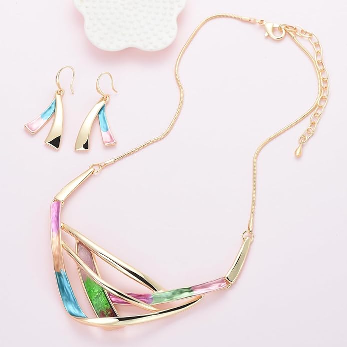 Retro Women's Crystal Floral Petal Leaf Chunky Statement Necklace and Earrings Set Party Jewelry