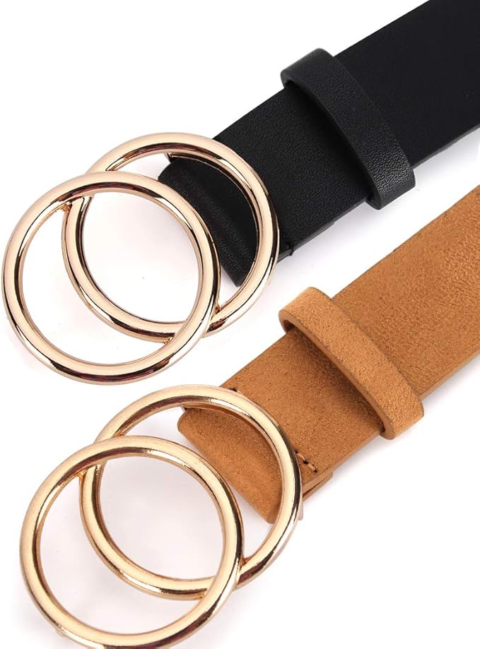 UnFader Pack 2 Women Belts for Jeans with Fashion Double O-Ring Buckle and Faux Leather
