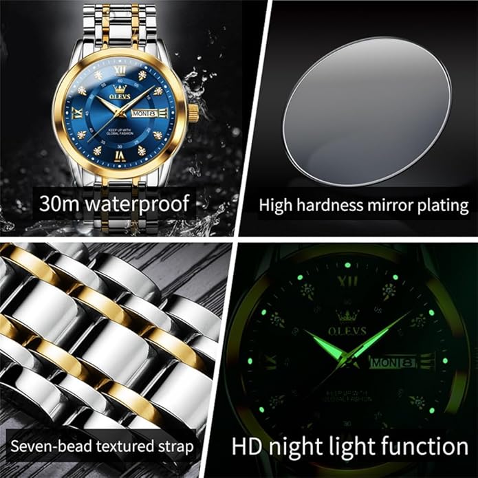 OLEVS Classic Men Watches with Date,Stainless Steel Man Watch with Date, Bussiness Watches for Men,Luminous Quartz Mens Watches Black/White/Blue/Gold, Waterproof Male Watch with Week