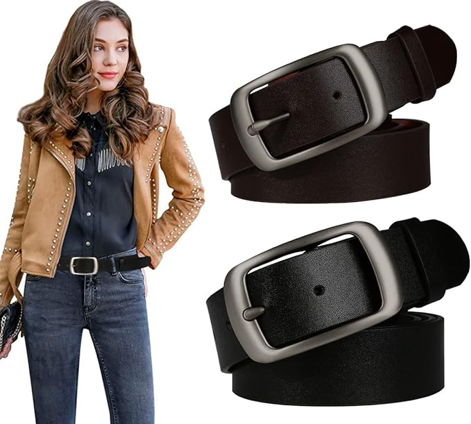 Ssumday 2 Pack Women's 1.3" Leather Belt for Jeans Pants Dresses with Retro Alloy Buckle