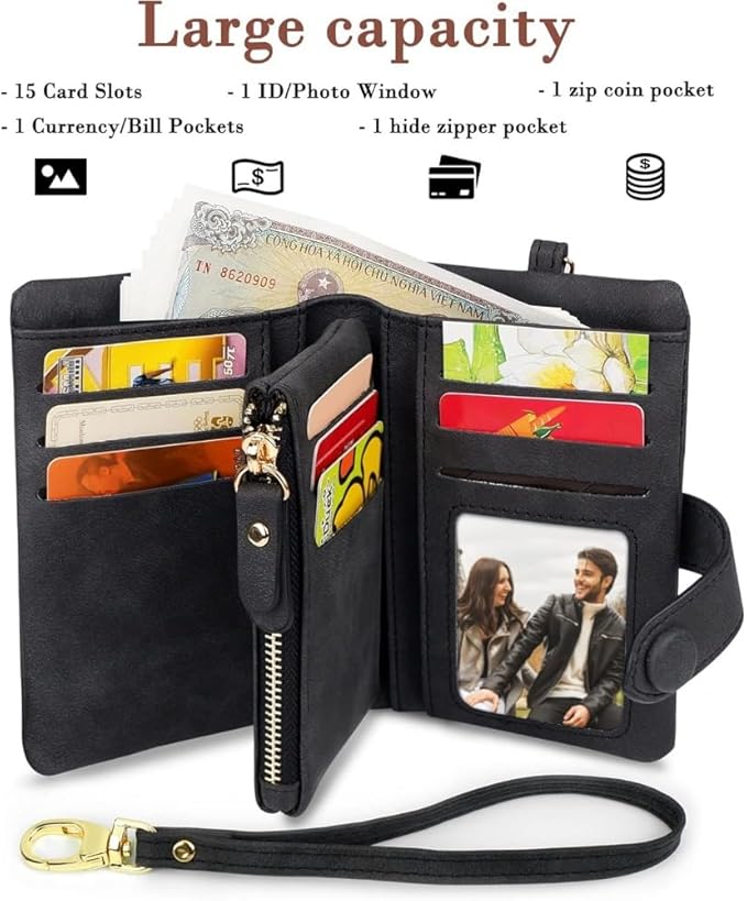 Women's Leather Wristlet Wallet, Bifold RFID Purse with ID Window, Zipper Coin Pocket for Daily Essentials (Black)