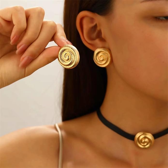 coadipress Spiral Earrings Necklace Sets for Women Geometric Round Swirl Statement Earrings Minimalist Trendy 14K Gold Plated Round Spiral Leather Necklace Bohemia Charm Jewelry