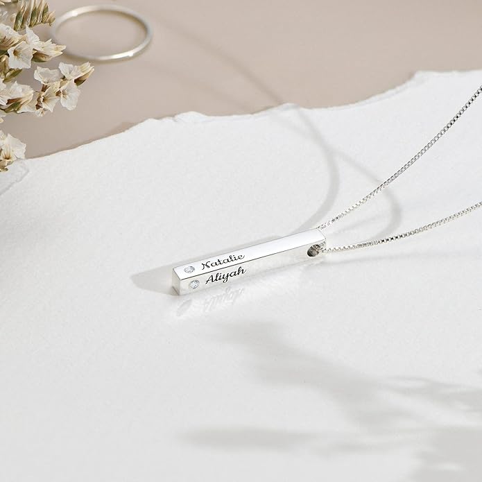 OAK & LUNA - Personalized Pillar Bar Necklace with Diamond Options - Custom Inscription Engraved Pendant - Up to 4 Names - Jewelry Gift for Women, Her, Mother For Mother's Day, Christmas