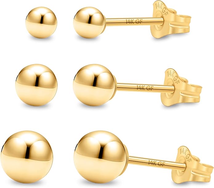 Kezef 14K Gold Filled Ball Stud Earrings for Women - Thick 14K Gold Layer, Hypoallergenic for Sensitive Ears, Round Studs | 3mm-9mm