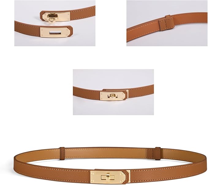 Skinny Leather Belts for Women with Adjustable Silver Turn-Lock Buckle for Dresses Jeans and Pants