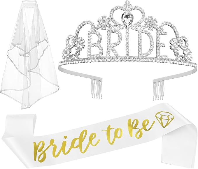 JETKONG 3 Pcs Bachelorette Party Decorations BRIDE Crown, Bride to Be Sash&Veil for Women Bachelorette Party Gifts, Bridal Shower Supplies, Gifts, Favors (Silver)