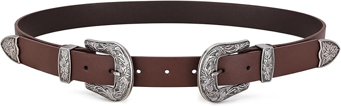 JASGOOD Double Buckle Western Belts For Woman Cowgirl Country Belt Vintage Black Leather Belt For Jeans Pants Dresses