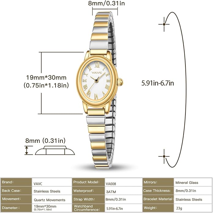 Small Gold Watches for Women,Analog Womens Watch with Stainless Steel Expansion Band,Oval Case Roman Dial,Water Resistant