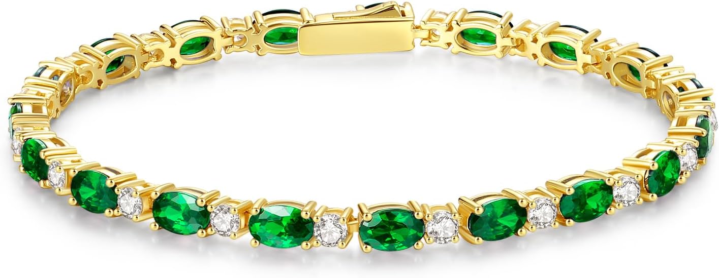 FANCIME 14K Gold Plated Birthstone Bracelets 4mm Sterling Silver Tennis Bracelets Gold Bracelets Birthday Jewelry Gifts for Women 7"