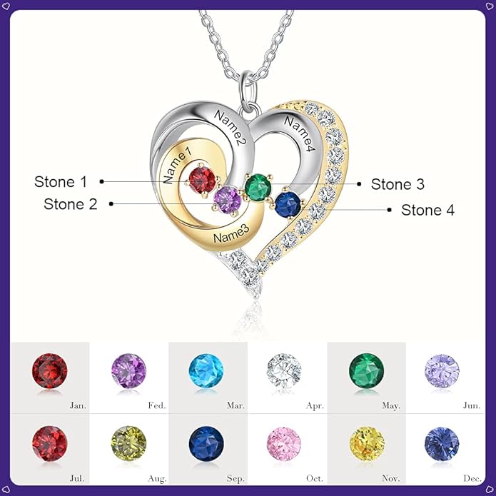 GLAMCARAT Personalized mothers necklace with birthstones names sterling silver jewelry for women customized engraved necklace