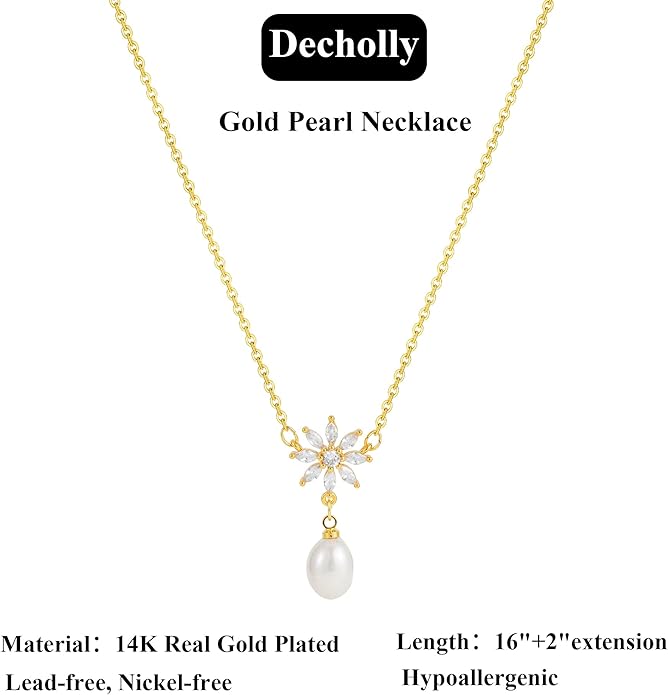 Valentines Day Gifts for Her - 14K Gold Plated Pearl Necklaces for Women Trendy Dainty Necklace Simple Layered Pearl Necklaces for Women Trendy Wedding Birthday Valentines Jewelry