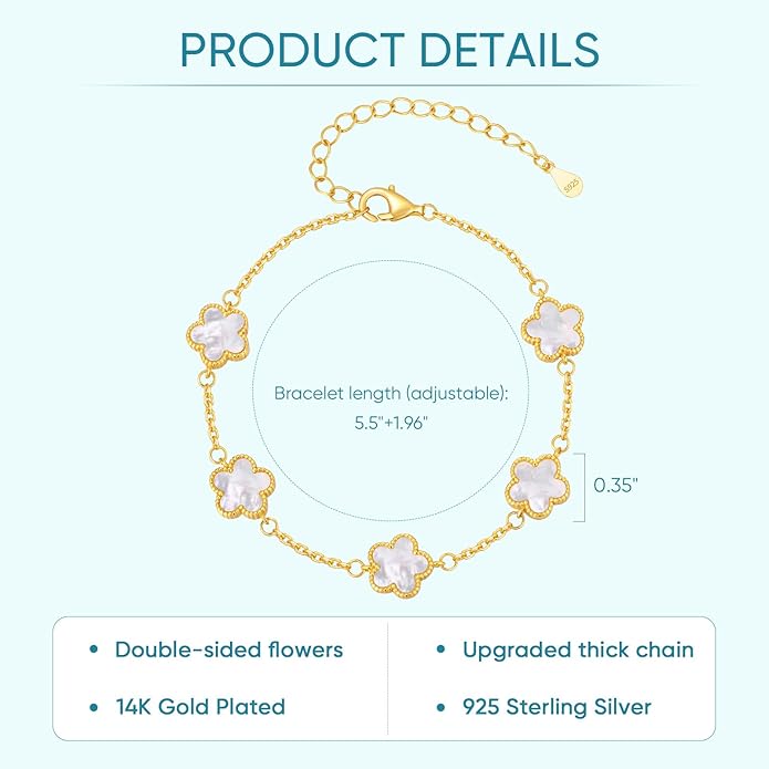925 Sterling Silver Four Leaf Clover Bracelet for Women - 14K Gold Plated Flower Four Leaf Women's Lucky Bracelet Adjustable Link Chain Bracelets Charm Trendy Design Dainty Jewelry Gifts for Women