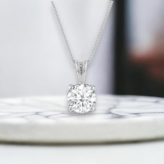 Everyday Elegance Solid 14K Gold Cubic Zirconia Solitaire Pendant Necklace for Women Heart, Princess, Round, Oval, Emerald, Pear & Cushion Cut 1 or 2 CTW | .60mm Thick 16" 18" Length Box Link Chain