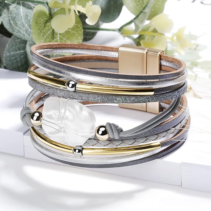 Fesciory Leopard Bracelet for Women, Boho Leather Wrap Multi-Layer Pearl Crystal Bracelet Bangle Jewelry