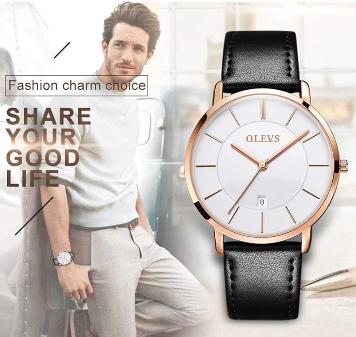 OLEVS Mens Watches Minimalist Ultra Thin Fashion Casual Analog Quartz Date Watch Waterproof Slim Simple Big Face Dress Wrist Watch Leather Band for Men