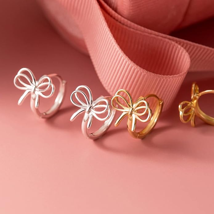 Reffeer Solid 925 Sterling Silver Bow Hoop Earrings Ribbon for Women Teen Girls Bowknot Hoop Earrings Huggie