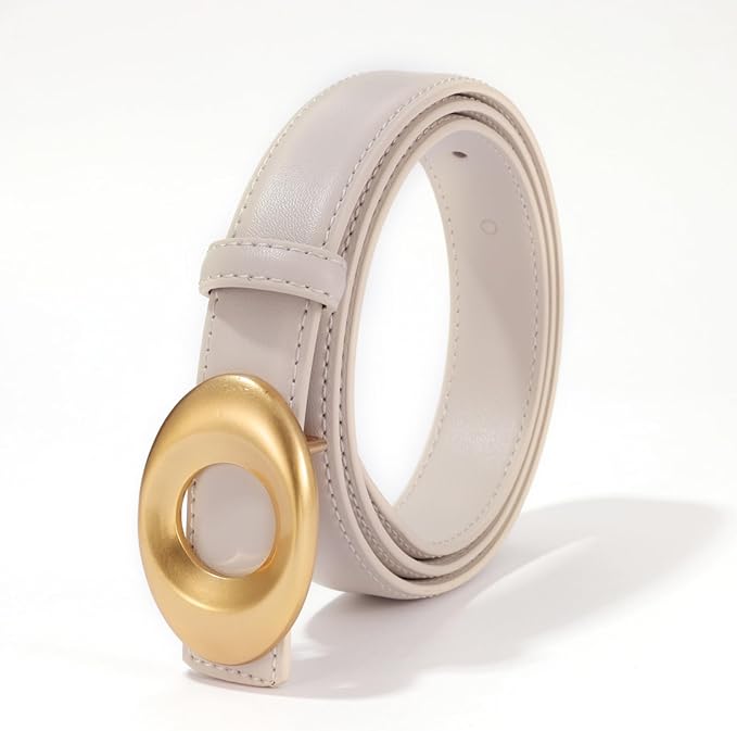 Women's Elegant Casual Genuine Leather Belt with Matte Oval Vintage Gold Buckle for Jeans Pants Dresses
