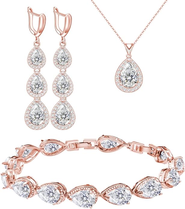 LMXXVJ Necklace Long Earrings Bracelet Set, White Gold Plated Created Blue Sapphire Jewelry Set Wedding Party Gift Jewelry for Women Bridal Bridesmaid