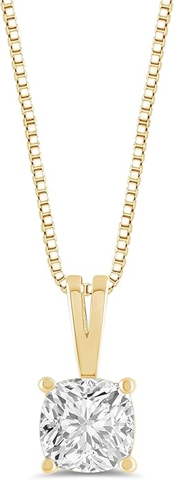 Everyday Elegance Solid 14K Gold Cubic Zirconia Solitaire Pendant Necklace for Women Heart, Princess, Round, Oval, Emerald, Pear & Cushion Cut 1 or 2 CTW | .60mm Thick 16" 18" Length Box Link Chain