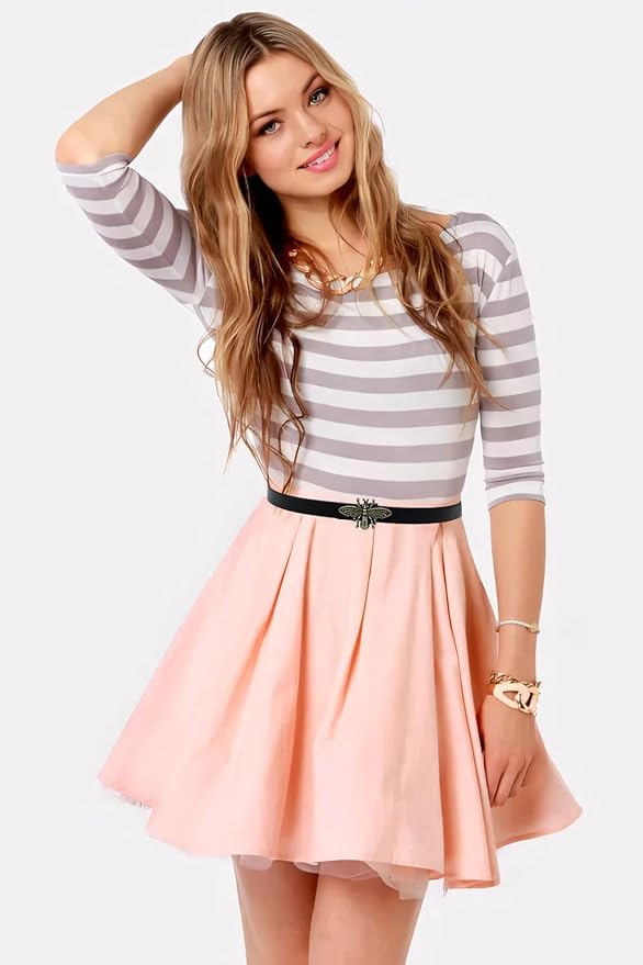 Women's 0.7″Thin Vintage Copper Bee Buckle Leather Belts Casual Dress Belts