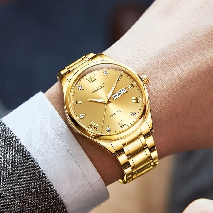 Men's Casual Stainless Steel Watch, Big Face Easy to Read Analog Quartz Watch with Day and Date, Classic Waterproof Diamond Roman Arabic Numerals Dial Dress Watch for Men, Gold Silver Black Band