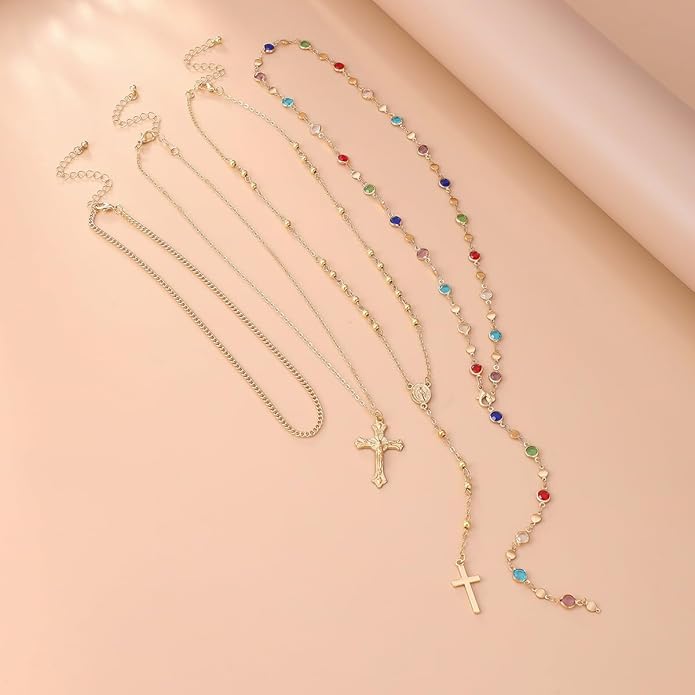 Gold Color Cross Pendant Necklace Set for Women,Dainty Big Crystal Cross Imitation pearl Layered Chain Necklace Summer Party Jewelry