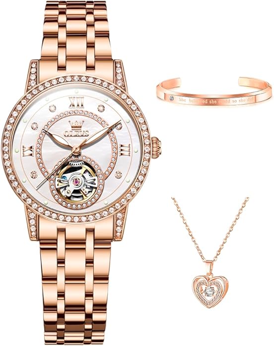 OLEVS Women’s Watch Automatic Diamond Tourbillon Luxury Fashion Stainless Steel Waterproof Luminous Wrist Watches for Ladies Gift Rose Gold/Starry Sky Blue/Silver